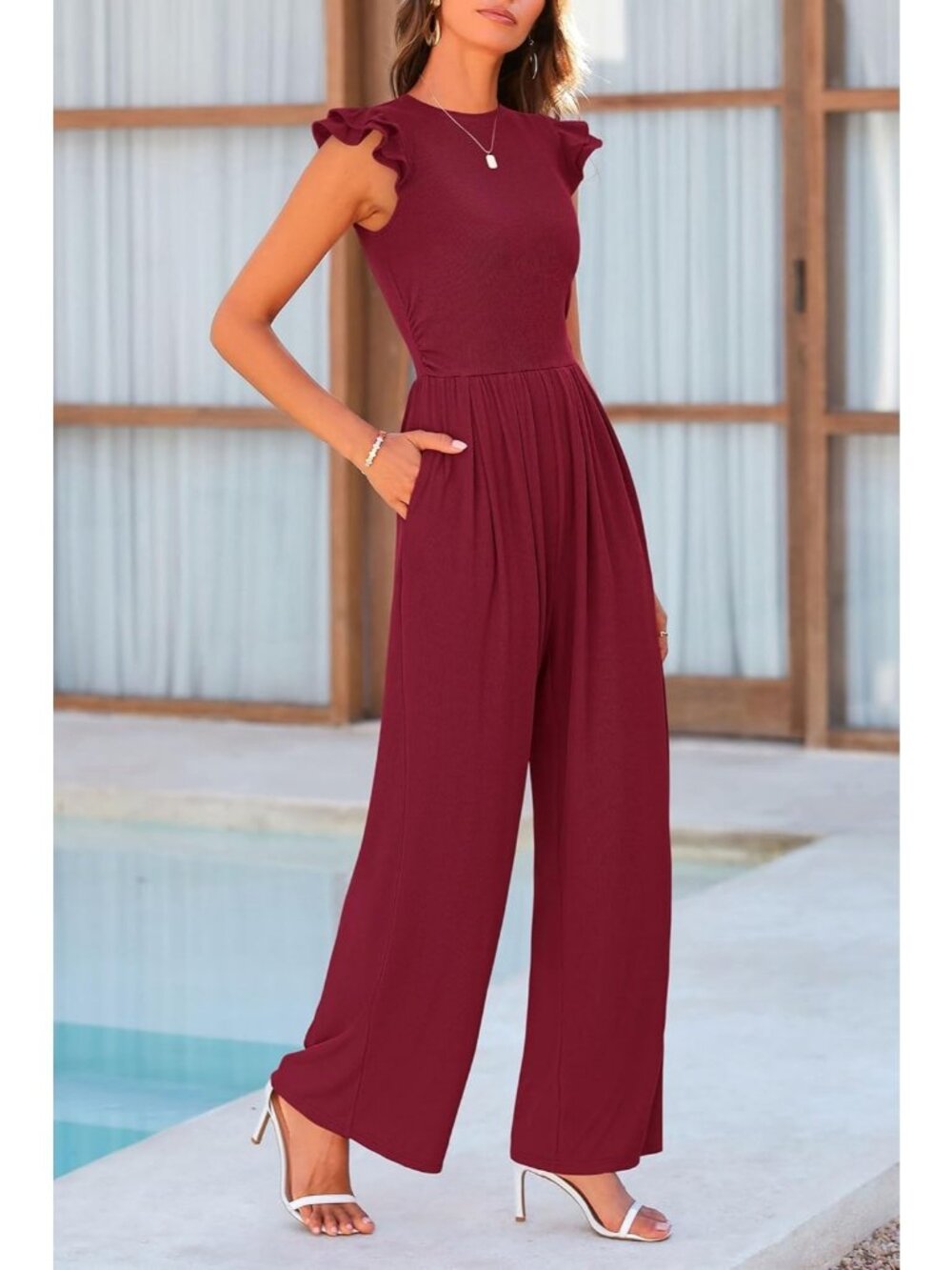 Women's Wine Red Fashion Ruffle Cap Sleeve Crew Neck Rib Knit One Piece Romper - Picture 4 of 6